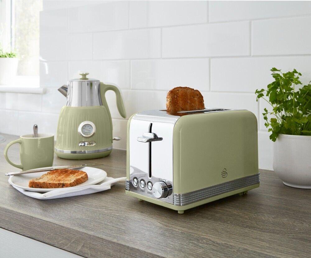 SWAN Retro Green Dial Kettle 2 Slice Toaster & 3 Canisters Vintage Kitchen Set