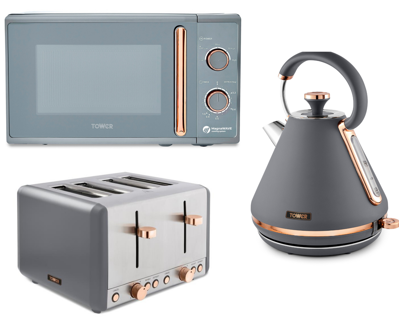 Tower Cavaletto Grey & Rose Gold Pyramid Kettle 4 Slice Toaster & Microwave