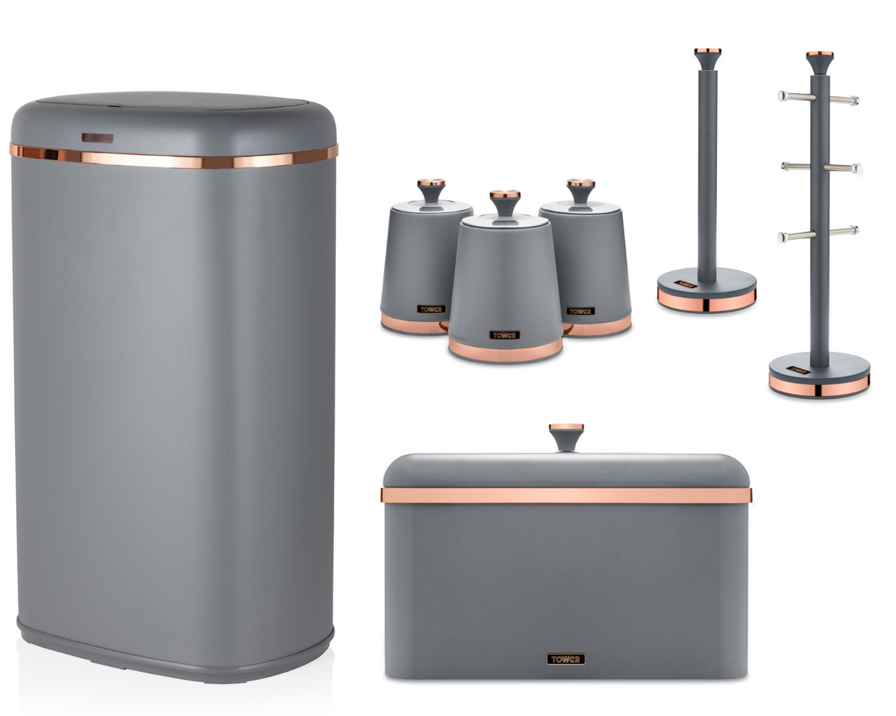 Tower Cavaletto Kitchen Sensor Bin & Storage Accessories Set of 7 Grey/Rose Gold