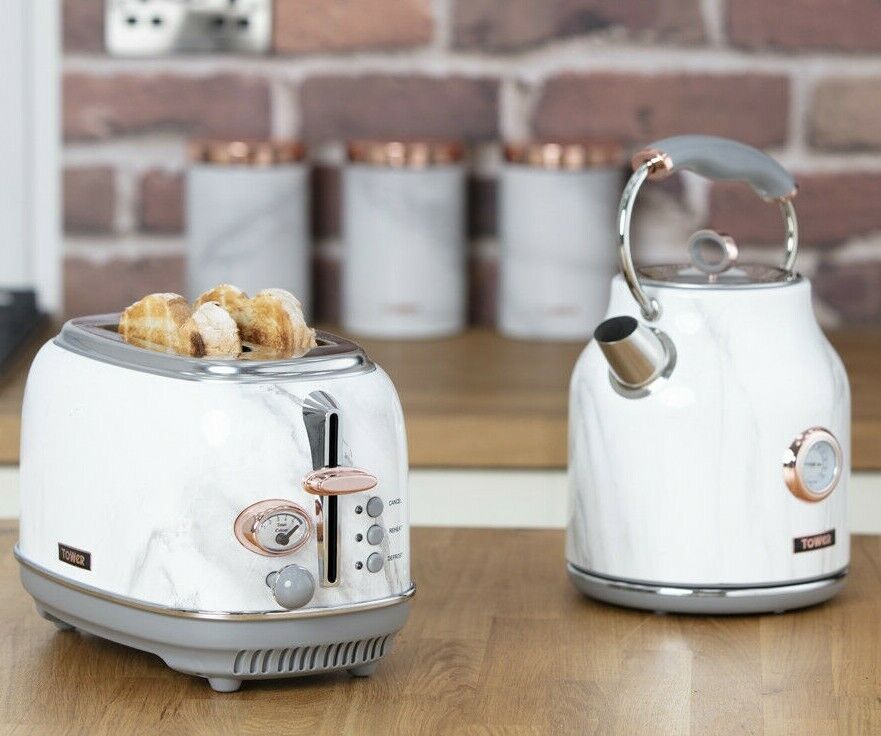 Tower Kettle & 2 Slice Toaster Set White Marble & Rose Gold 3 Year Guarantee