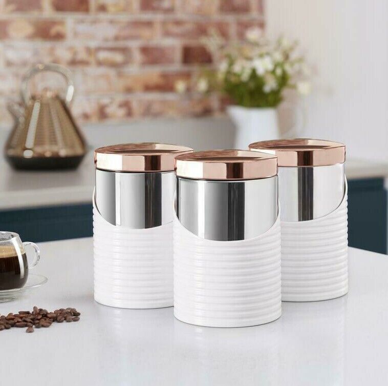 Tower Linear Tea, Coffee & Sugar Set of 3 Storage Canisters in Rose Gold & White