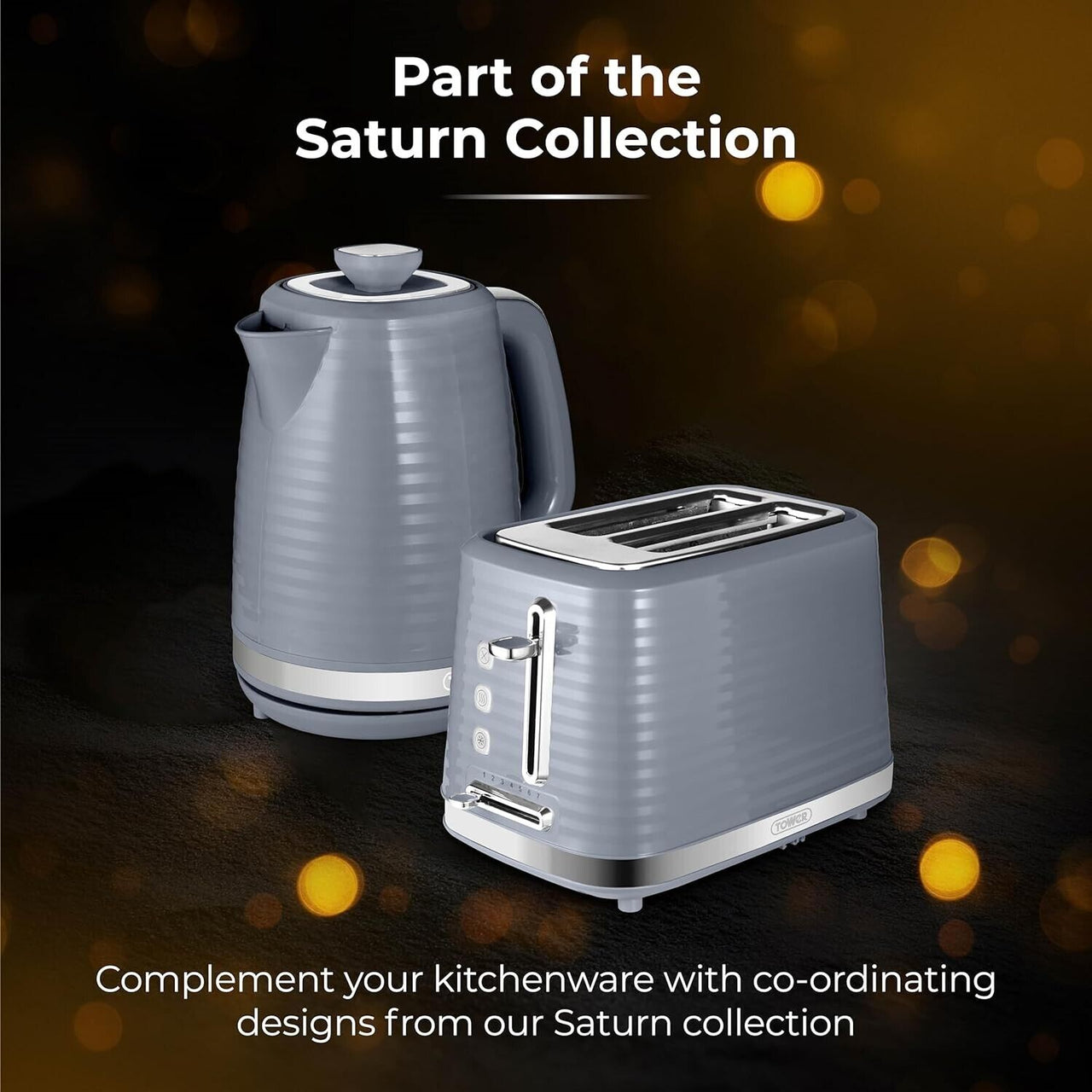 Tower Saturn 1.7L 3KW Jug Kettle & 2 Slice Toaster Grey with Chrome Accents