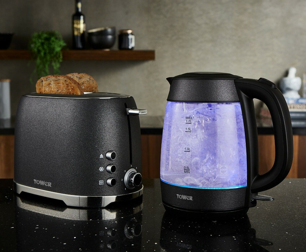 NEW Glitz Glass Kettle 2 Slice Toaster & 800w Digital Microwave Shimmering Black