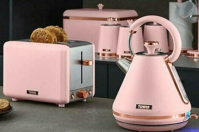 Tower Cavaletto Pink 1.7L 3KW Pyramid Kettle, 2 Slice Toaster, Bread Bin & Canisters Matching Kitchen Set of 6 in Marshmallow Pink & Rise Gold