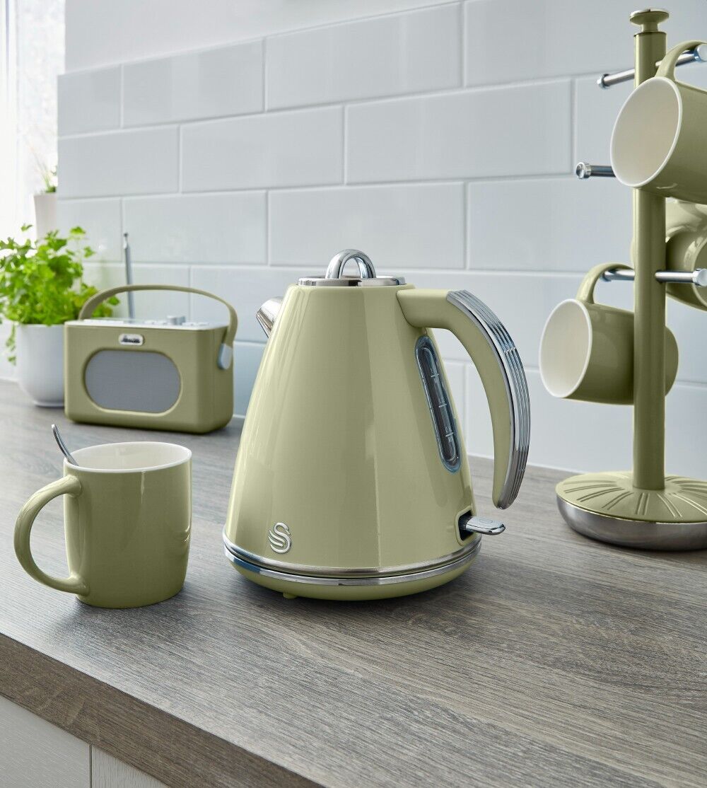SWAN Retro Green 1.5L 3KW Jug Kettle, 2 Slice Toaster, 800W 20L Microwave & Canisters Matching Kitchen Set of 6