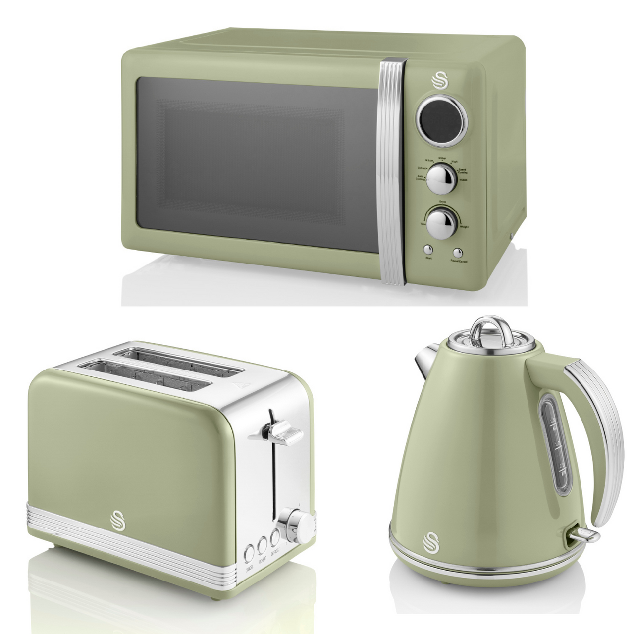 SWAN Retro Green 1.5L 3KW Jug Kettle, 2 Slice Toaster & 800W 20L Microwave