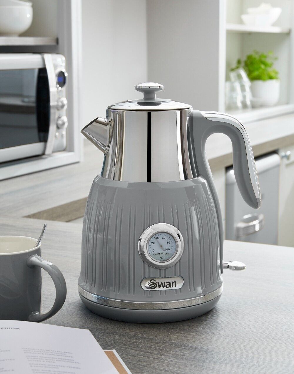 SWAN Retro Grey Jug Dial Kettle 4 Slice Toaster & Tea Coffee Sugar Canisters Set