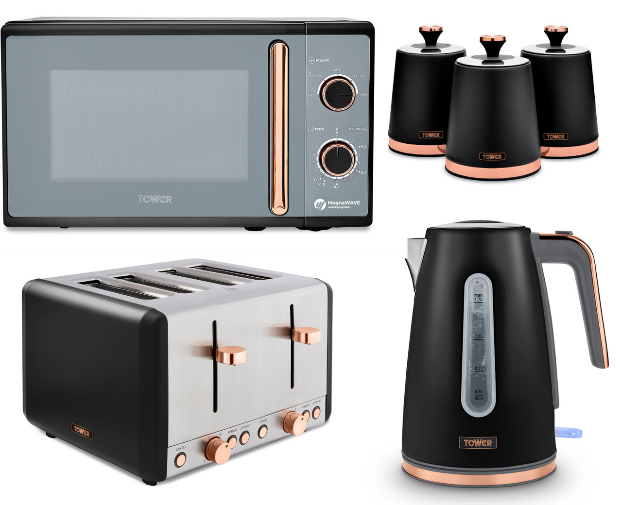 Tower Cavaletto Black Jug Kettle 4 Slice Toaster Microwave & 3 Canisters Set