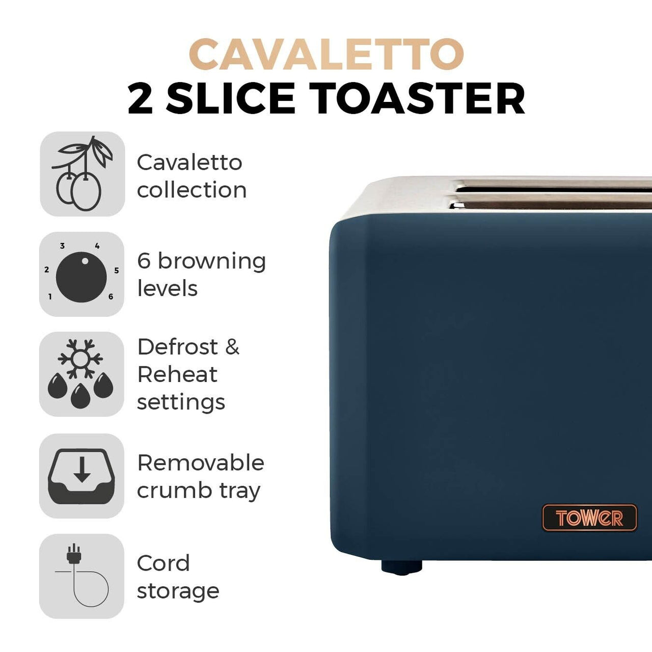 Tower Cavaletto T20036MNB 2 Slice Toaster in Blue & Rose Gold. 3 Year Guarantee