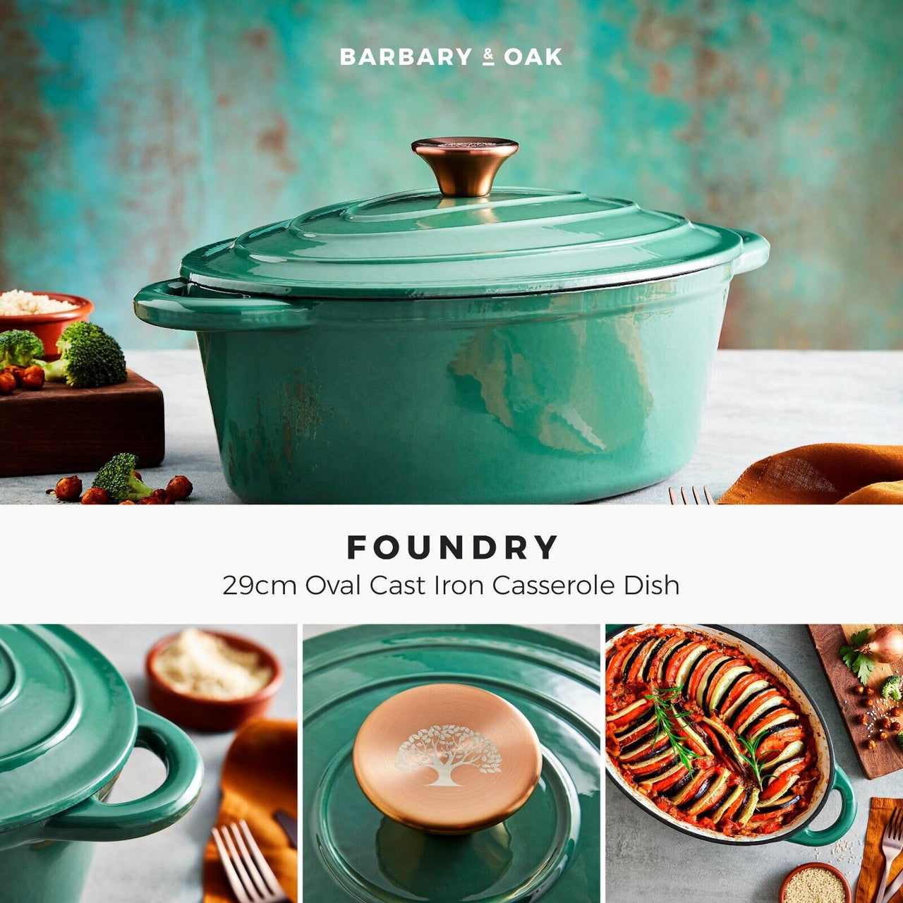 Barbary & Oak 29cm Oval Casserole Dish Cast Iron in Verdigris Green with 25 Year Guarantee