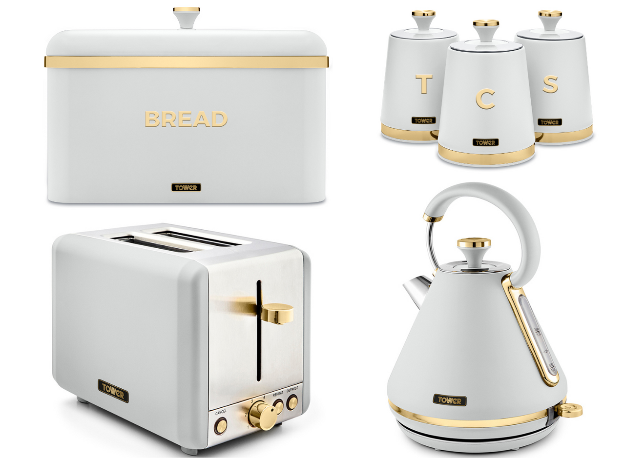 Tower Cavaletto White 1.7L Pyramid Kettle, 2 Slice Toaster, Bread Bin & 3 Canisters Kitchen Set