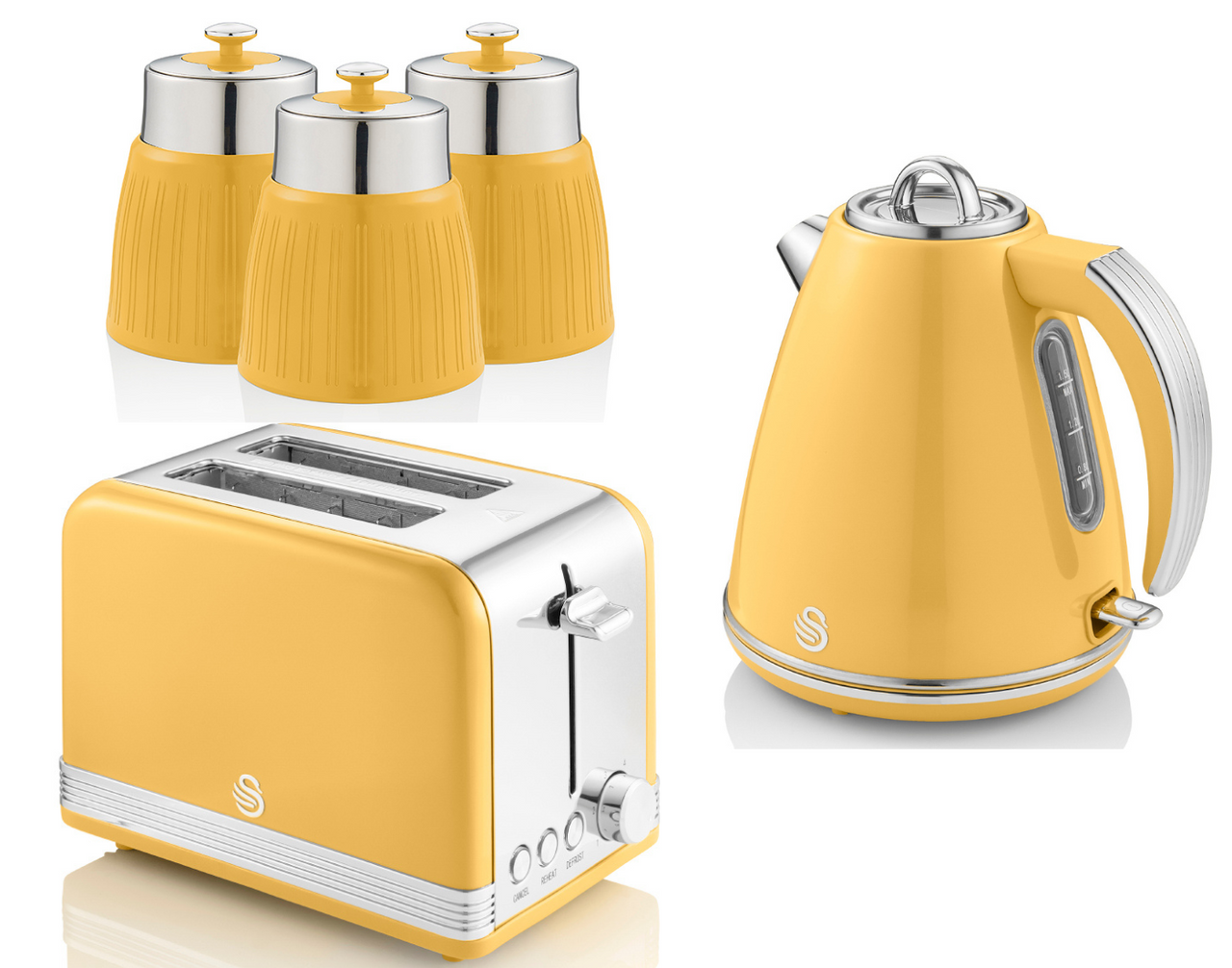 Swan Retro Yellow Jug Kettle 2 Slice Toaster & 3 Storage Canisters Kitchen Set