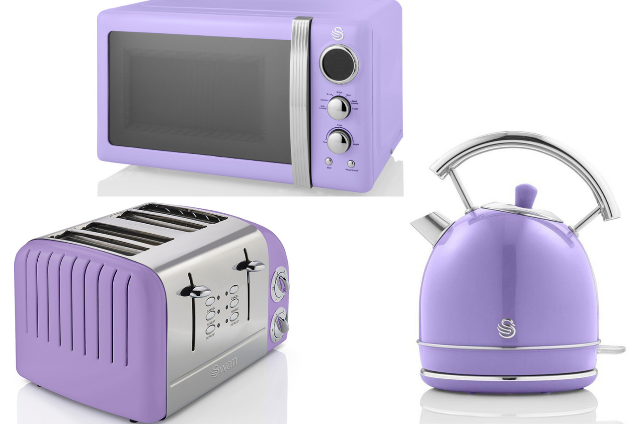 Swan Retro Dome Kettle 4 Slice Toaster T34020PURN & Microwave in Vintage Purple