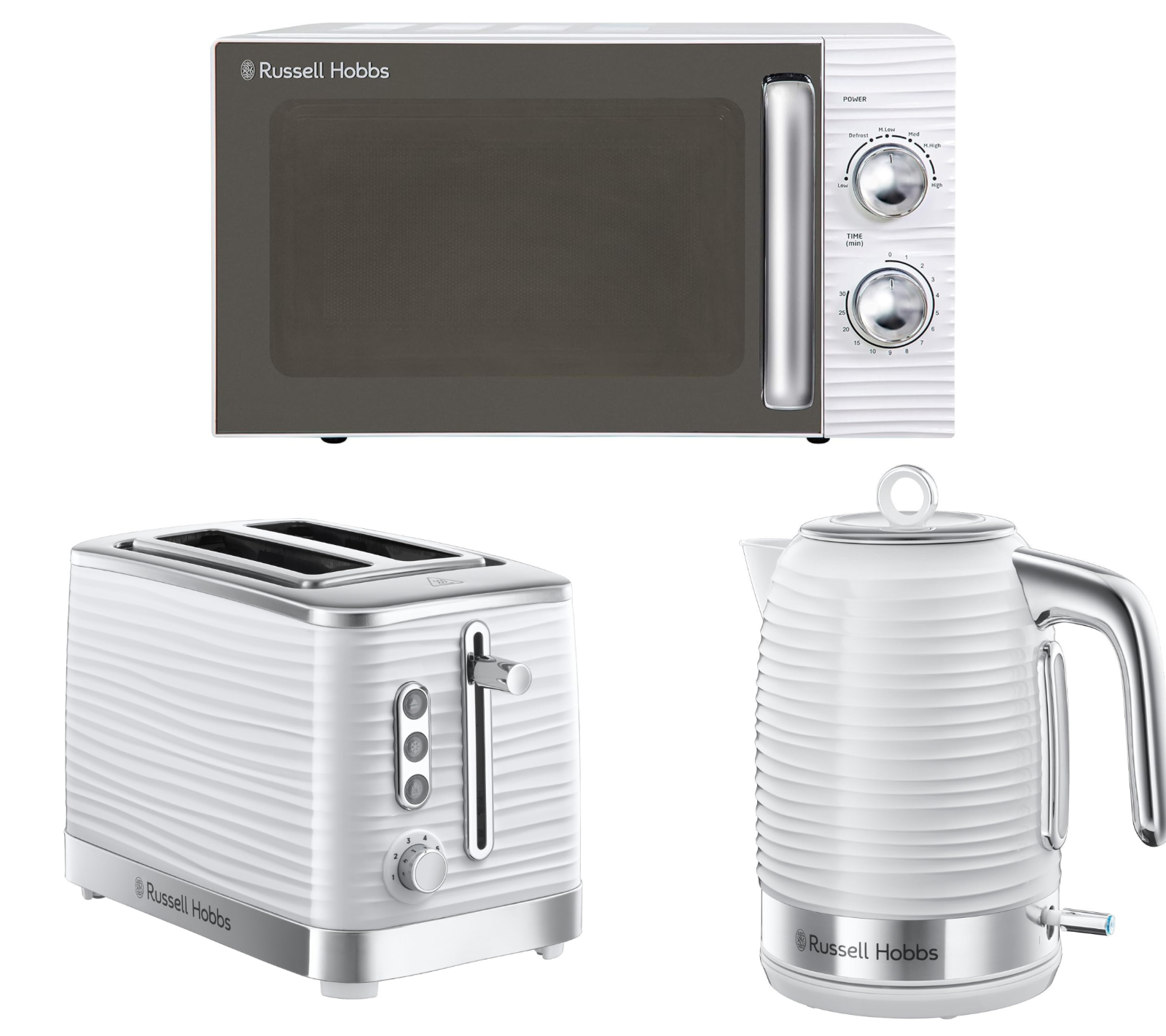 Russell Hobbs Inspire White Jug Kettle Slice Toaster Microwave Set