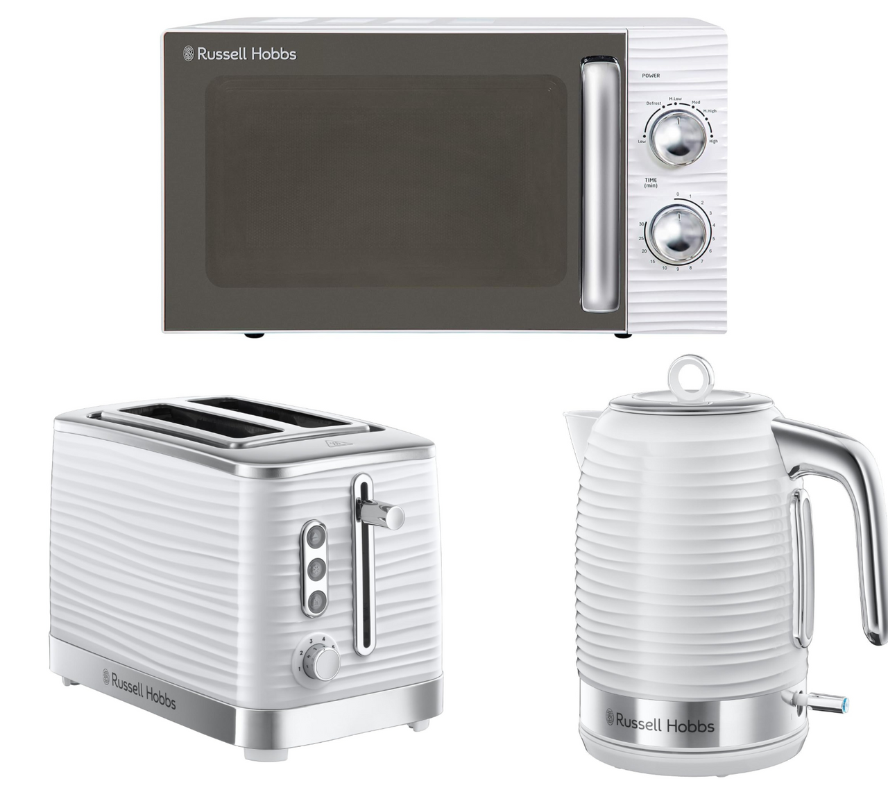 Russell Hobbs Inspire White Jug Kettle, 2 Slice Toaster & Microwave Kitchen Set