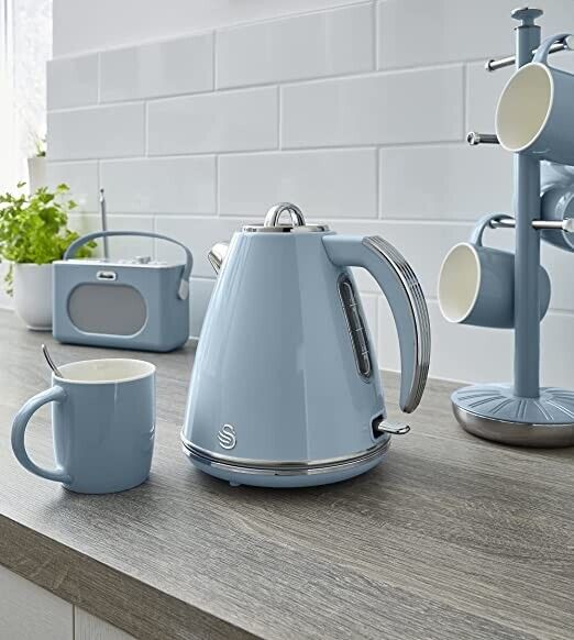 Swan Retro Blue 1.5L 3KW Jug Kettle, 2 Slice Toaster, Bread Bin & Canisters Matching Kitchen Set of 6