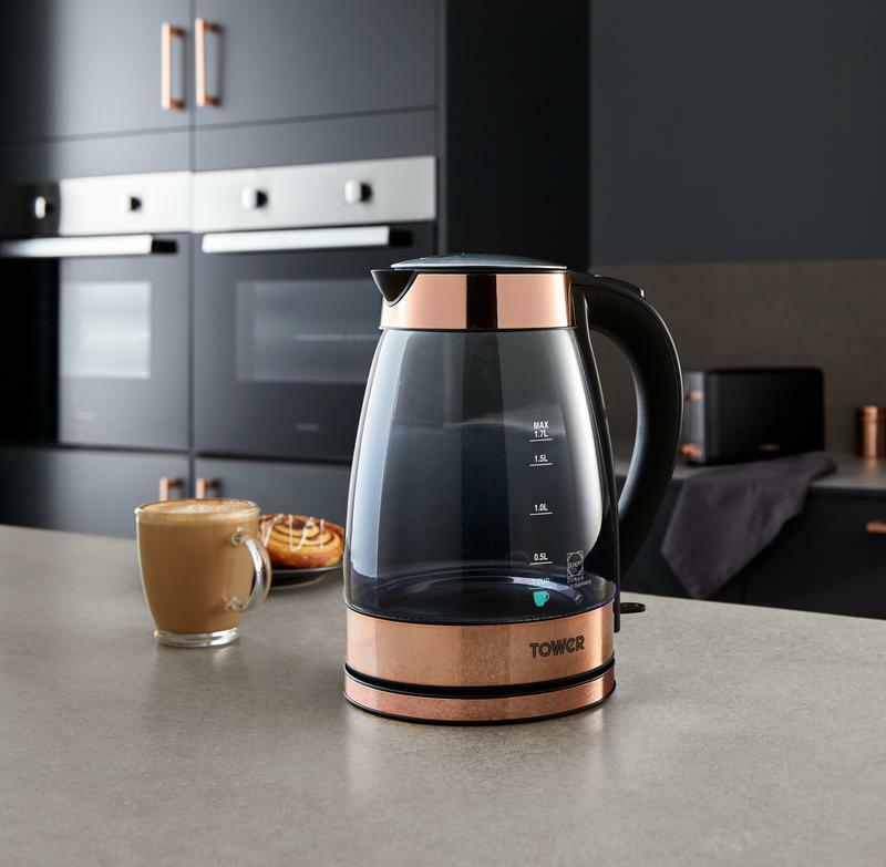 TOWER Smoked Glass Kettle 4 Slice Toaster Manual Microwave Black & Rose Gold