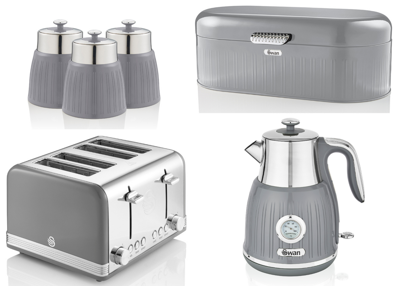 SWAN Retro Grey Kitchen Set - Jug Dial Kettle 4 Slice Toaster Breadbin Canisters