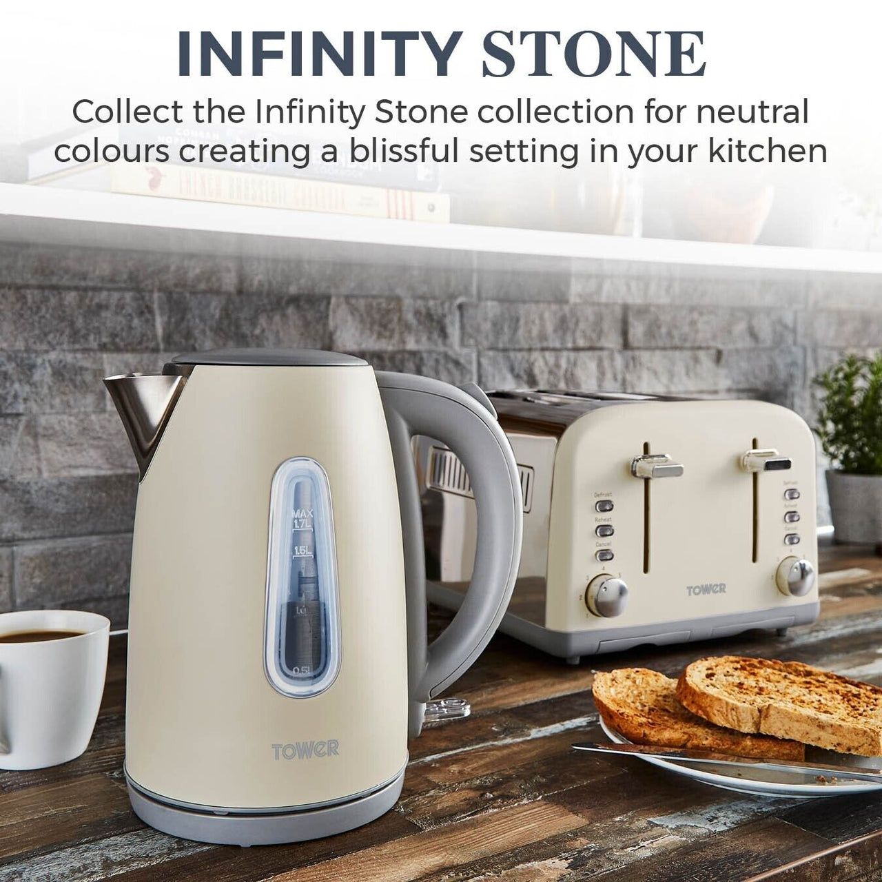 Tower Infinity Kettle 4 Slice Toaster & 3 Canisters Kitchen Set of 5 in Pebble