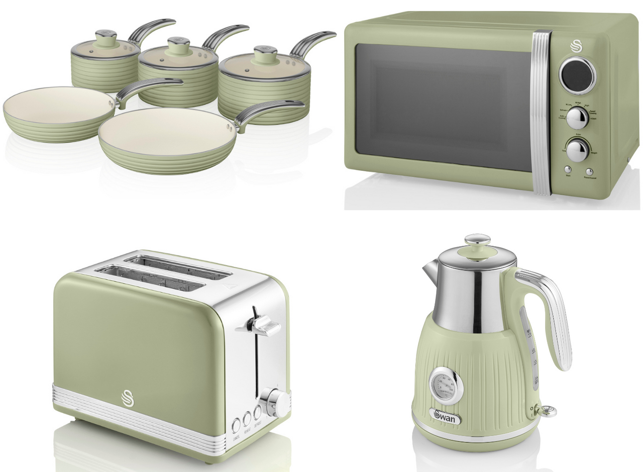 SWAN Retro Green Jug Dial Kettle, 2 Slice Toaster Microwave & 5 Piece Pan Set