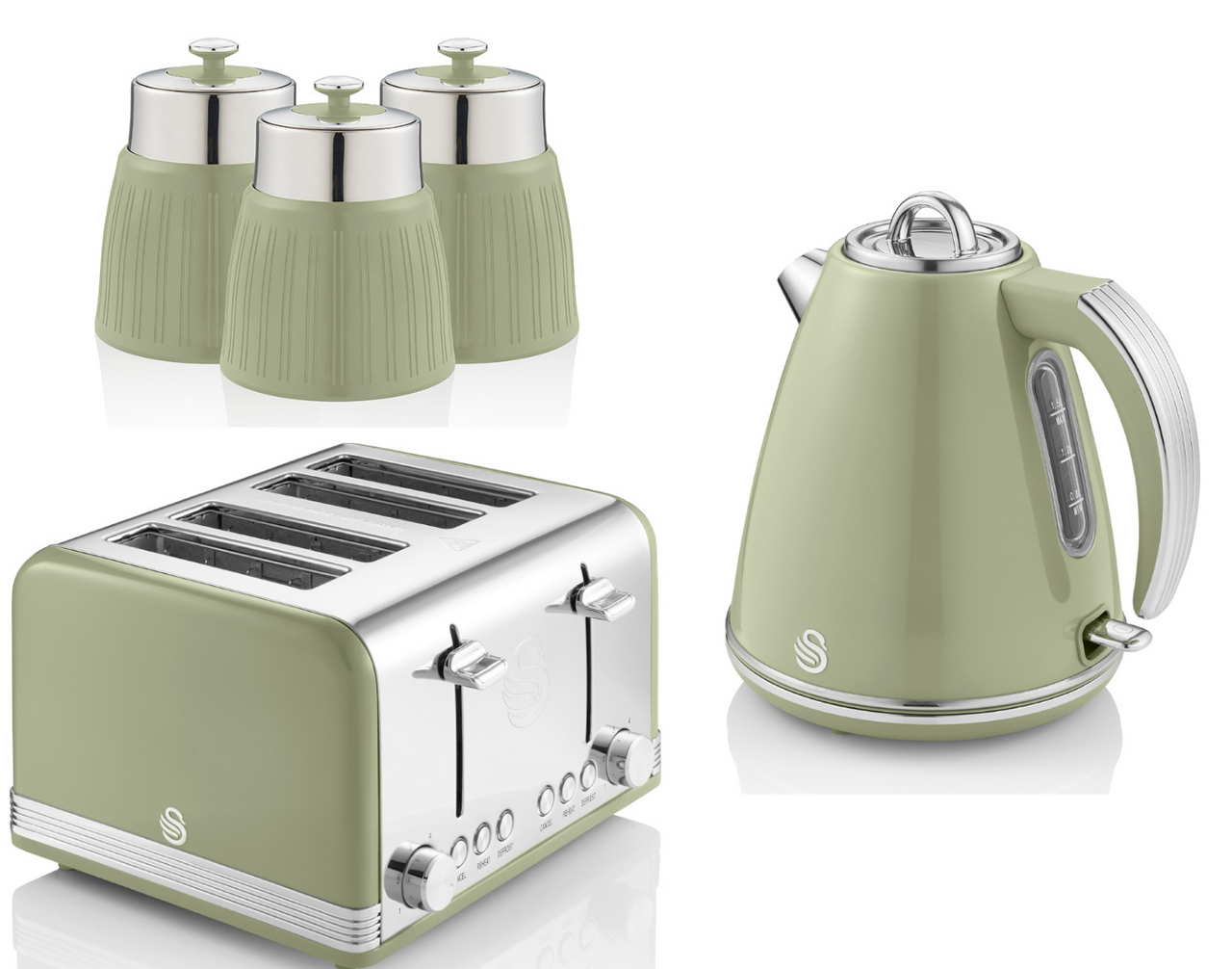 SWAN Retro Green Jug 1.5L Kettle 4 Slice Toaster & Set of 3 Storage Canisters