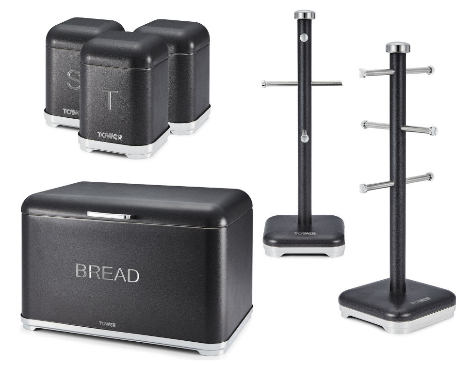 Tower GLITZ Bread Bin Canisters Mug Tree & Towel Pole Kitchen Set Spar