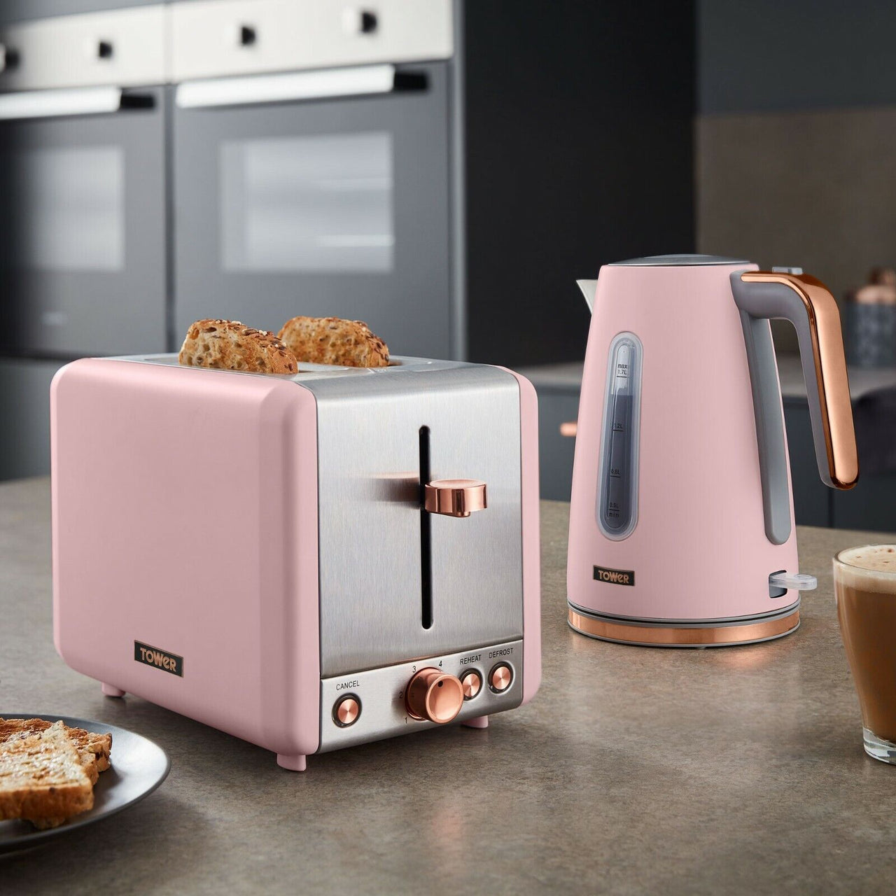 Tower Cavaletto 1.7L Jug Kettle & 2 Slice Toaster Kitchen Set Pink & Rose Gold
