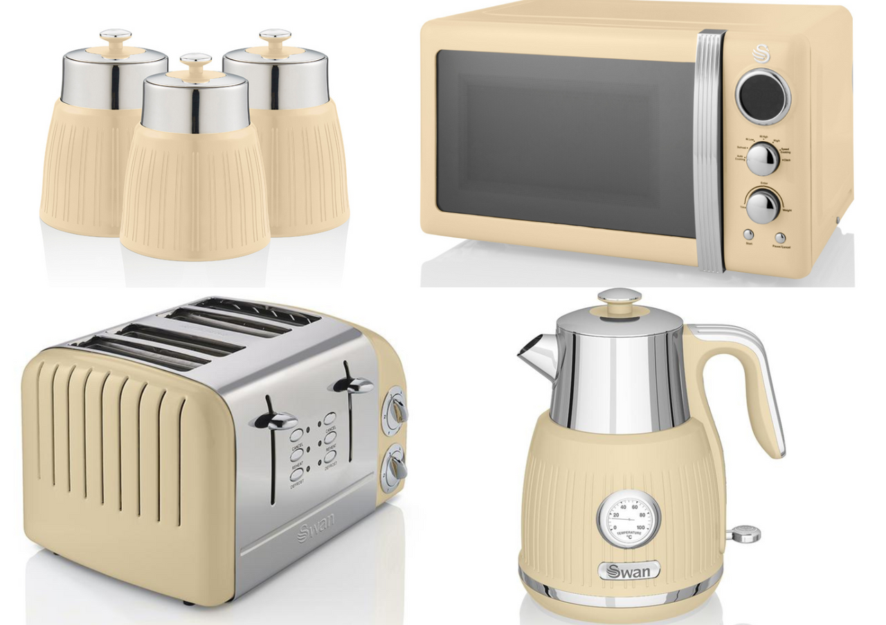 Swan Retro Cream Dial Kettle 4 Slice Toaster Microwave & Canisters Kitchen Set