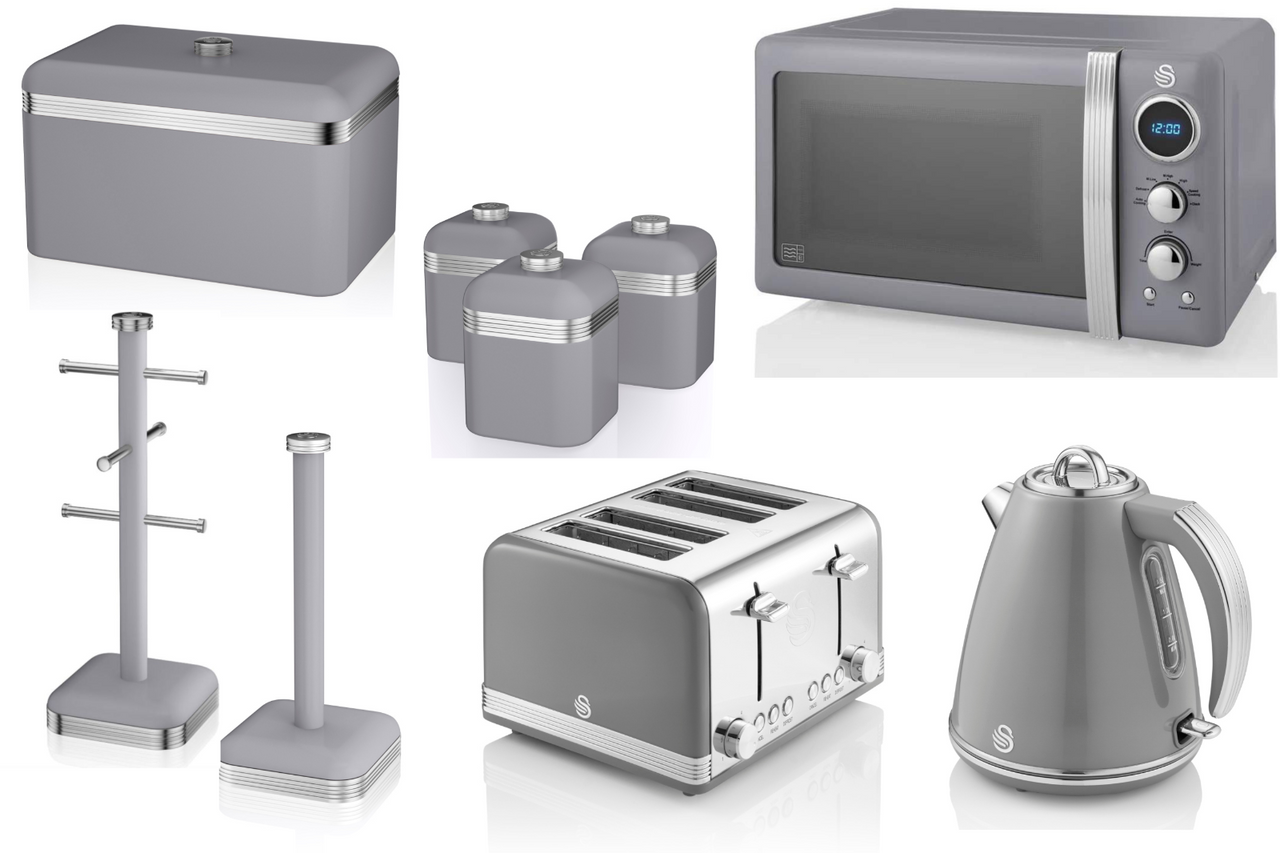 SWAN Retro Grey 1.5L Jug Kettle, 4 Slice Toaster, 800W Digital Microwave, Bread Bin, Canisters, Mug Tree & Towel Pole Matching Set of 9