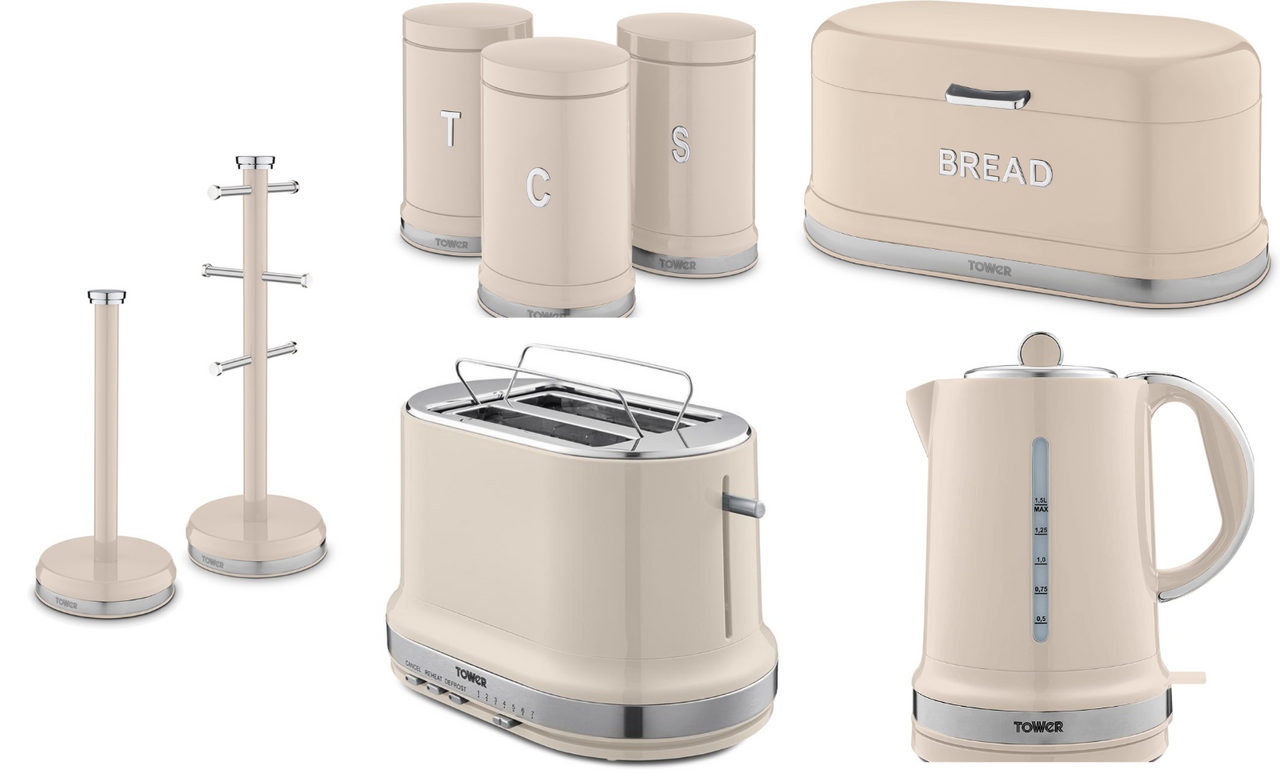 Tower Belle Chantilly Kettle, 2 Slice Toaster, Breadbin, Canisters. Mug Tree & Towel Pole Set of 7 in Cream