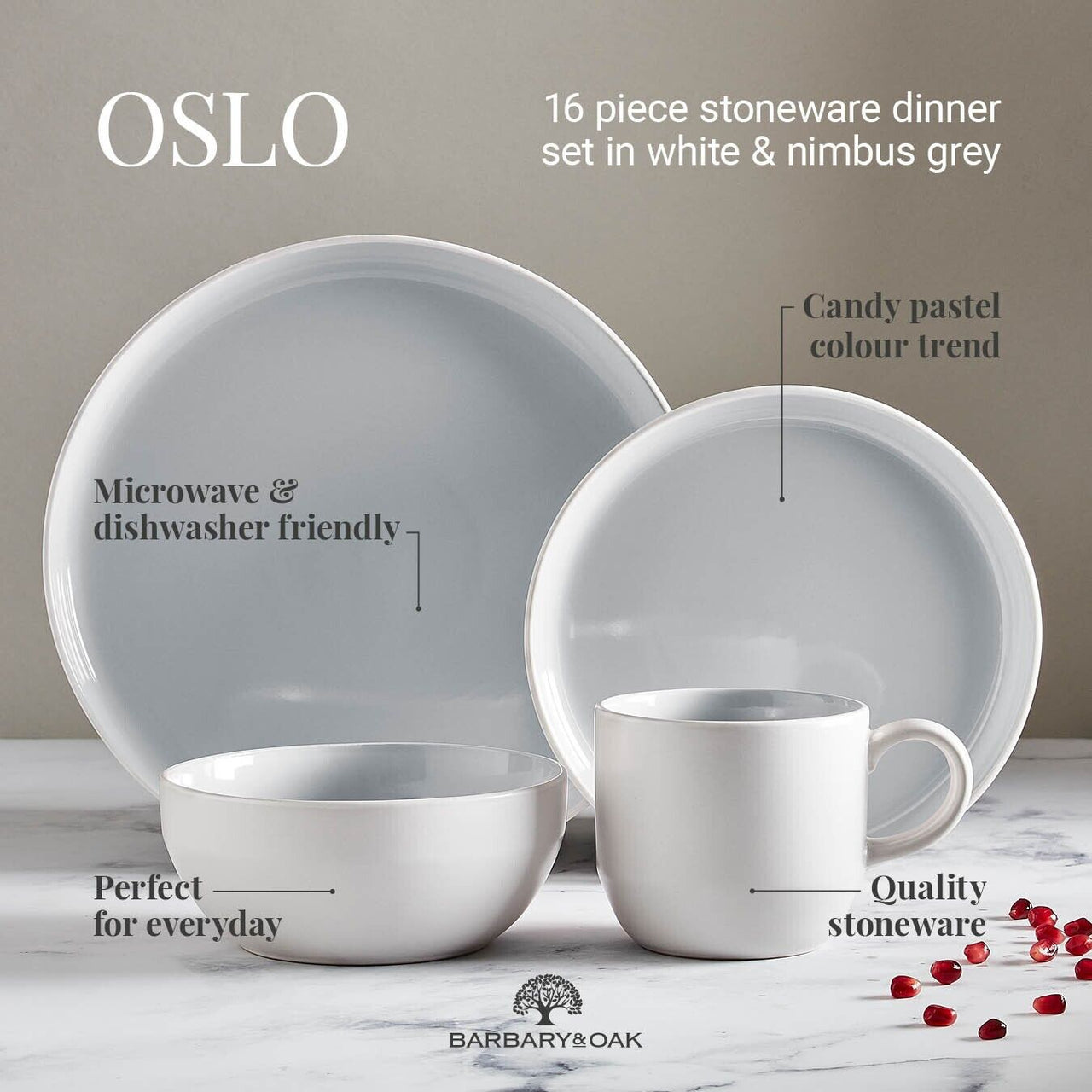 Barbary & Oak Oslo Scandinavian Design 16 Piece Dinnerware Set in Grey & White