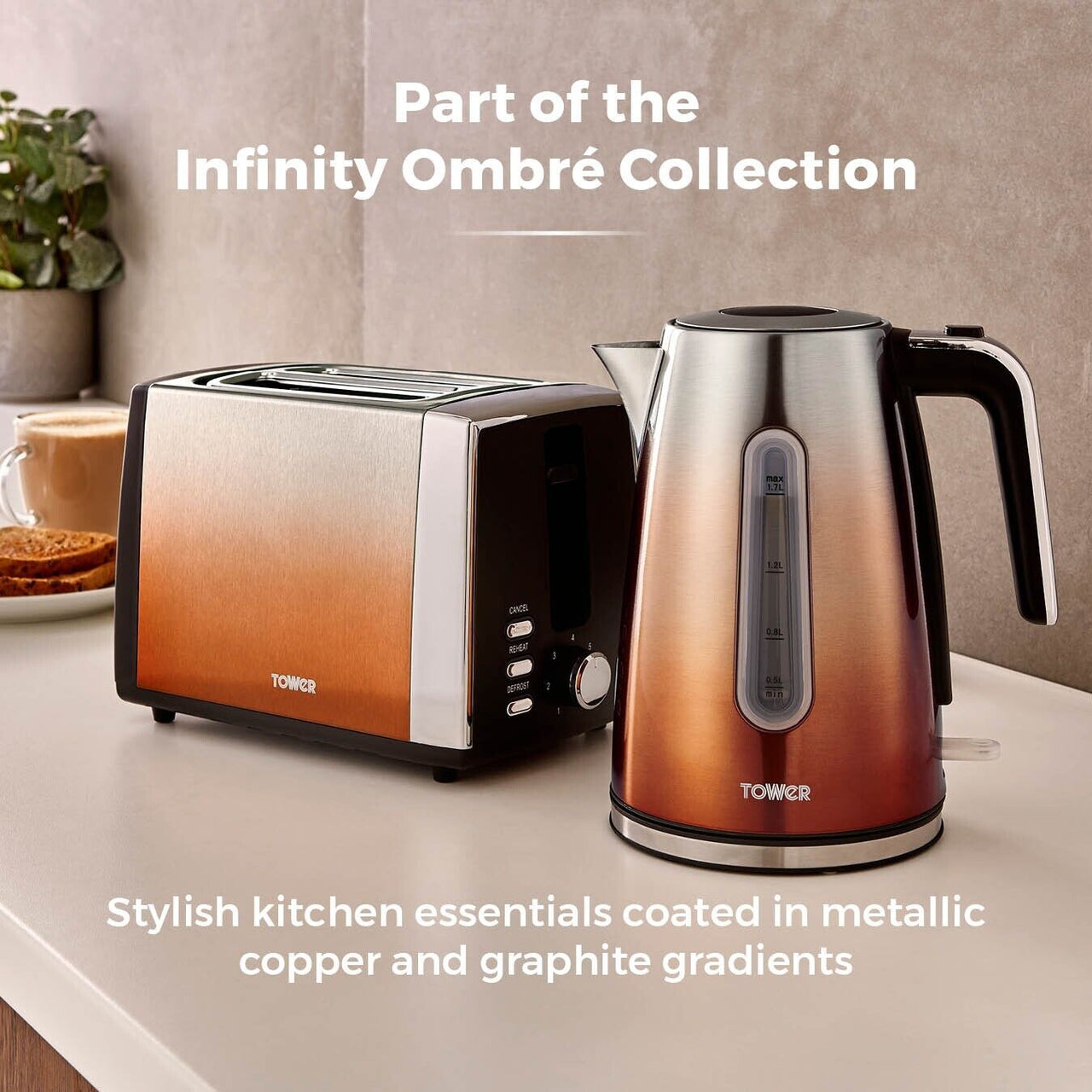 Tower Infinity Ombre Copper 3KW 1.7L Kettle & 2 Slice 900W Toaster Matching Set