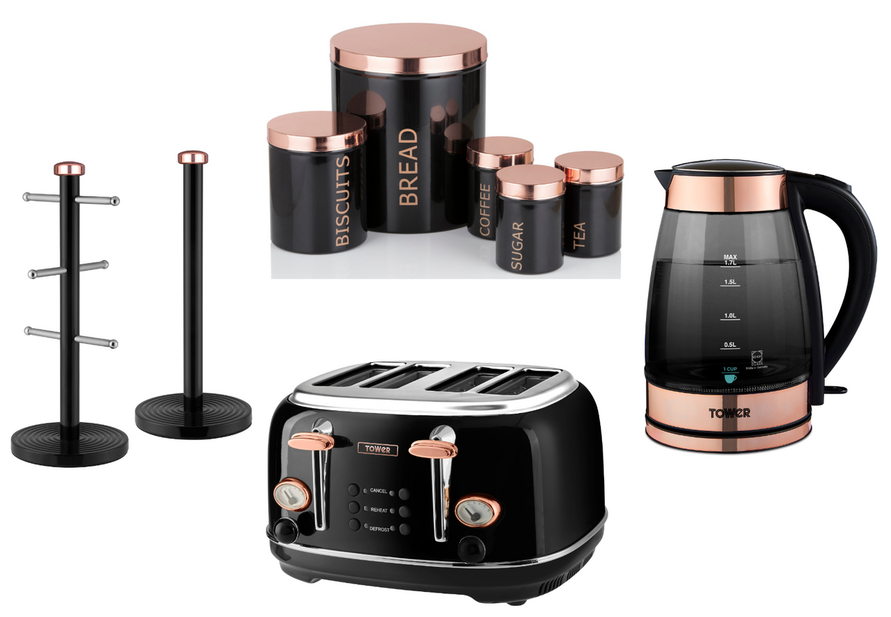 TOWER Smoked Glass Kettle 4 Slice Toaster & 7 Piece Storage Set Black/Rose Gold