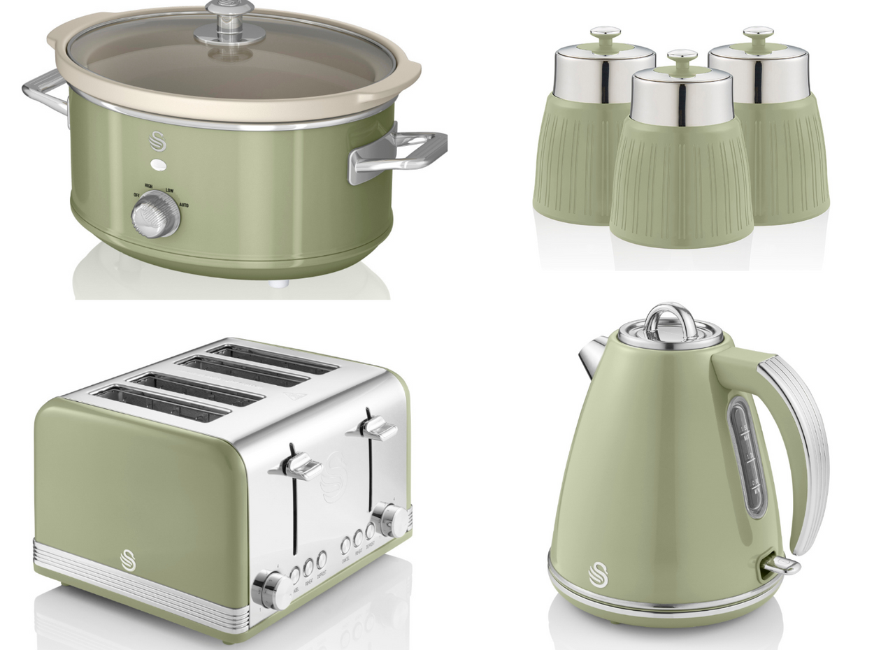 SWAN Retro Green Jug 1.5L Kettle 4 Slice Toaster 3.5L Slow Cooker & 3 Canisters