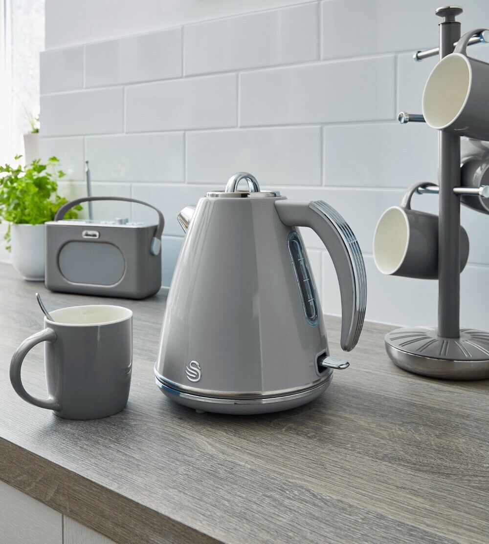 SWAN Retro Grey Jug Kettle 2 Slice Toaster Microwave & 3 Canisters Kitchen Set