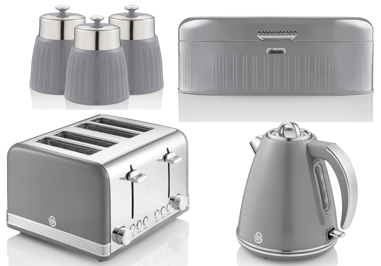 SWAN Retro Grey Jug Kettle 4 Slice Toaster Bread Bin & Canisters Matching Set