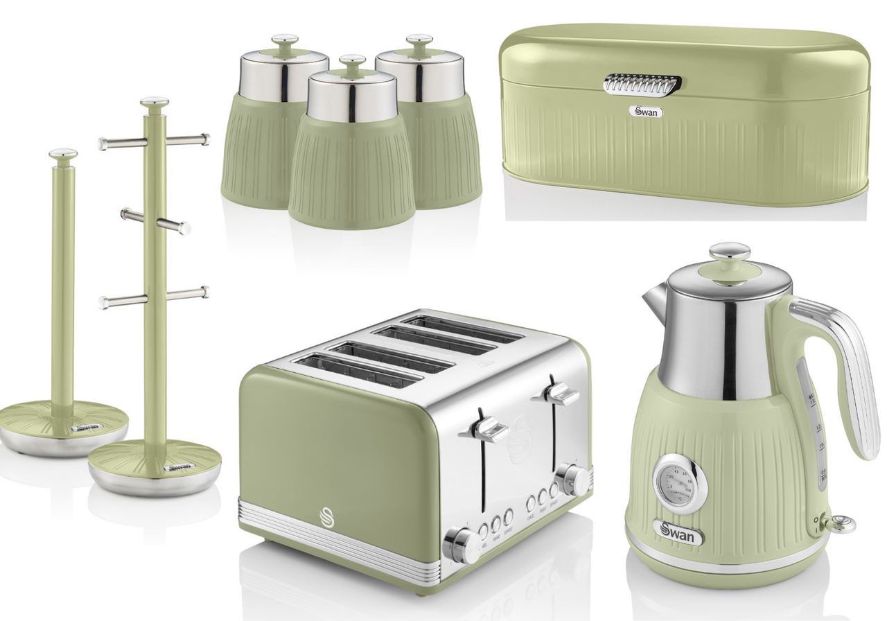SWAN Retro Green Kitchen Set of 8 Kettle, 4 Slice Toaster & Storage Accessories