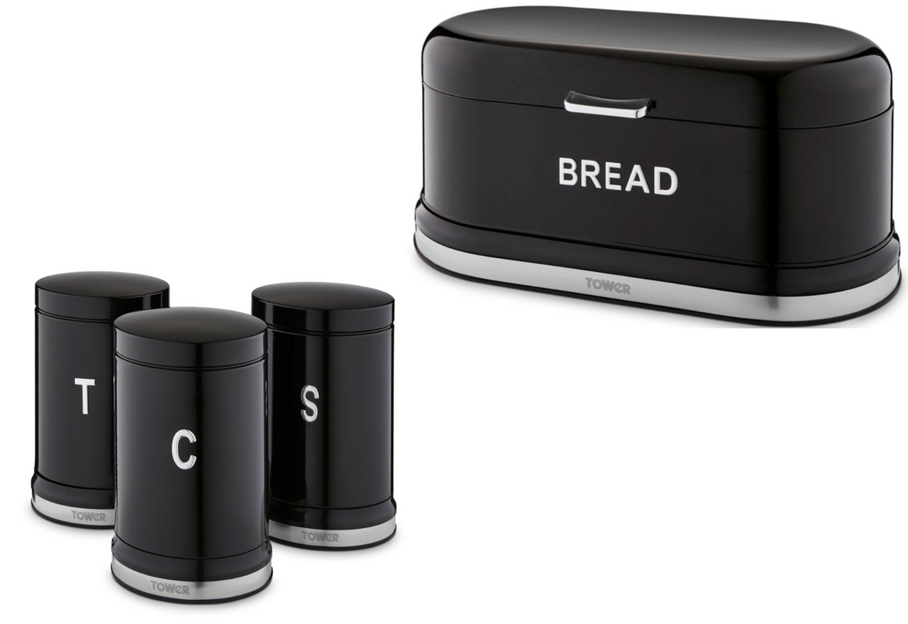 Tower Belle Noir Bread Bin Canisters Kitchen Storage Set in Black