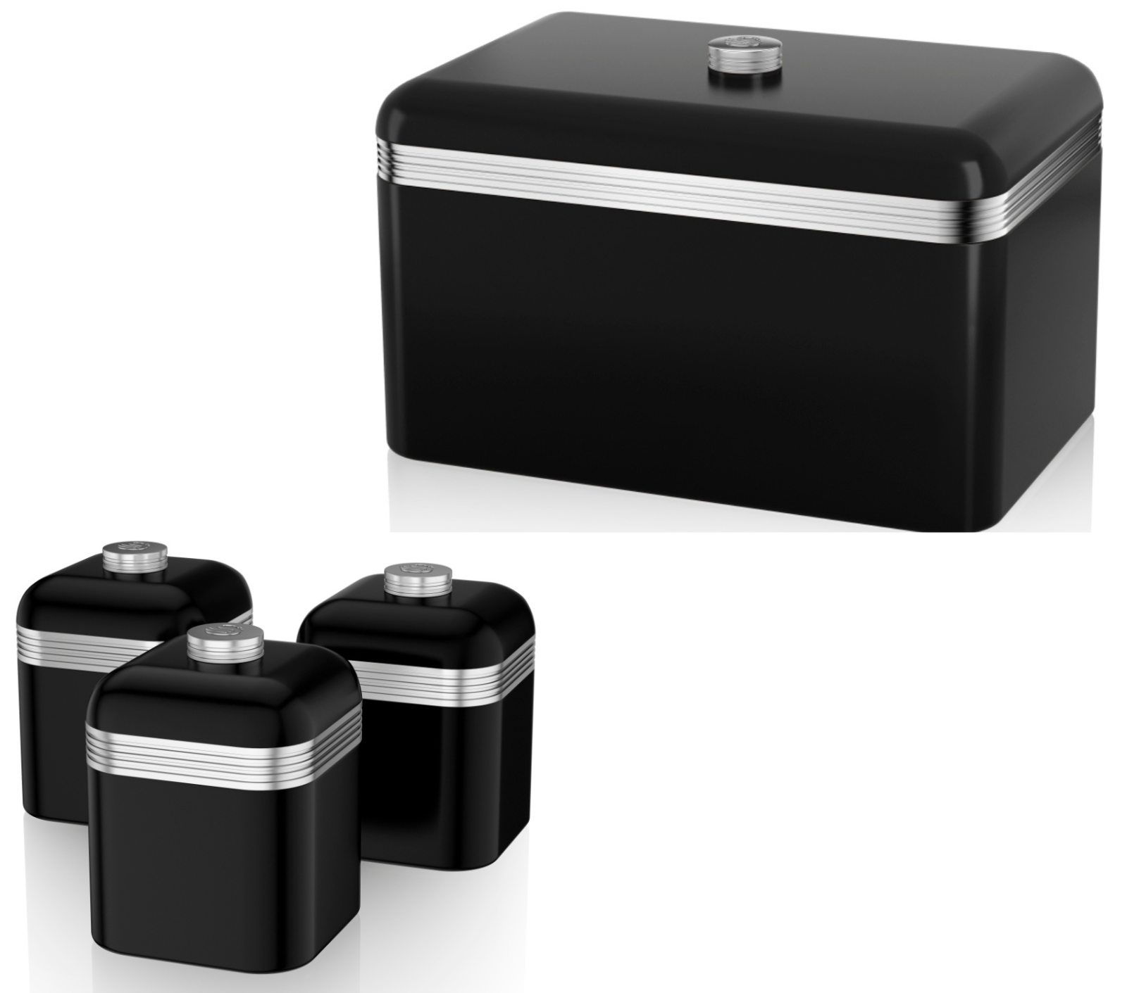 SWAN Retro Black Bread Bin Canisters Matching Kitchen Storage Set