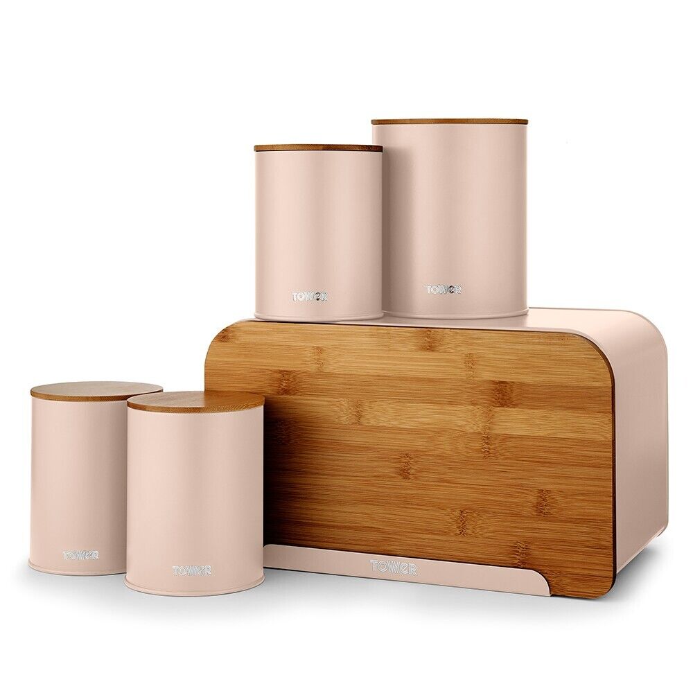 Tower Scandi Pink Clay Storage Set Bread Bin 3 Canisters & Biscuit Barrel