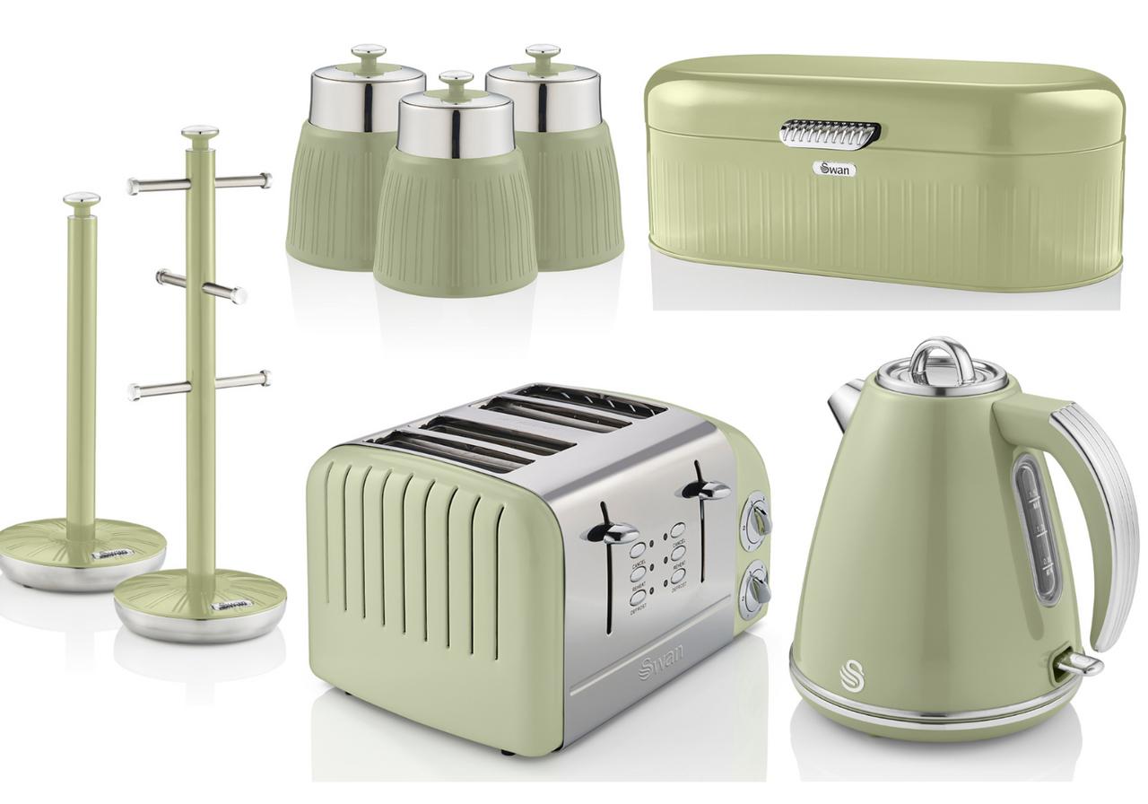 SWAN Retro Green Jug Kettle Toaster Breadbin Canisters Mug Tree Towel Pole Set