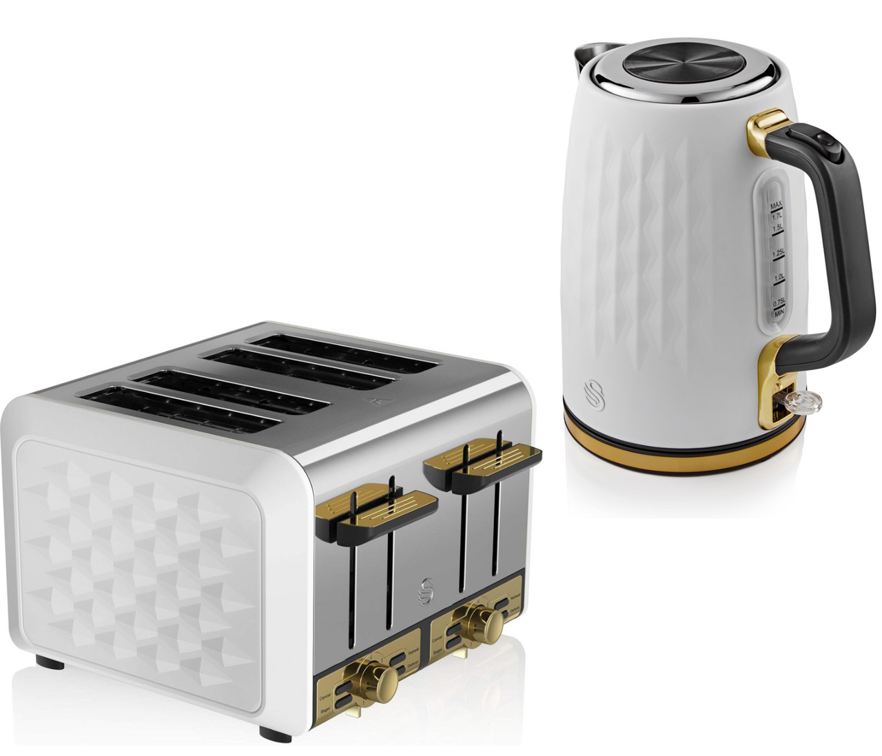 SWAN Gatsby White & Gold Jug Kettle 4 Slice Toaster Vintage Matching Set
