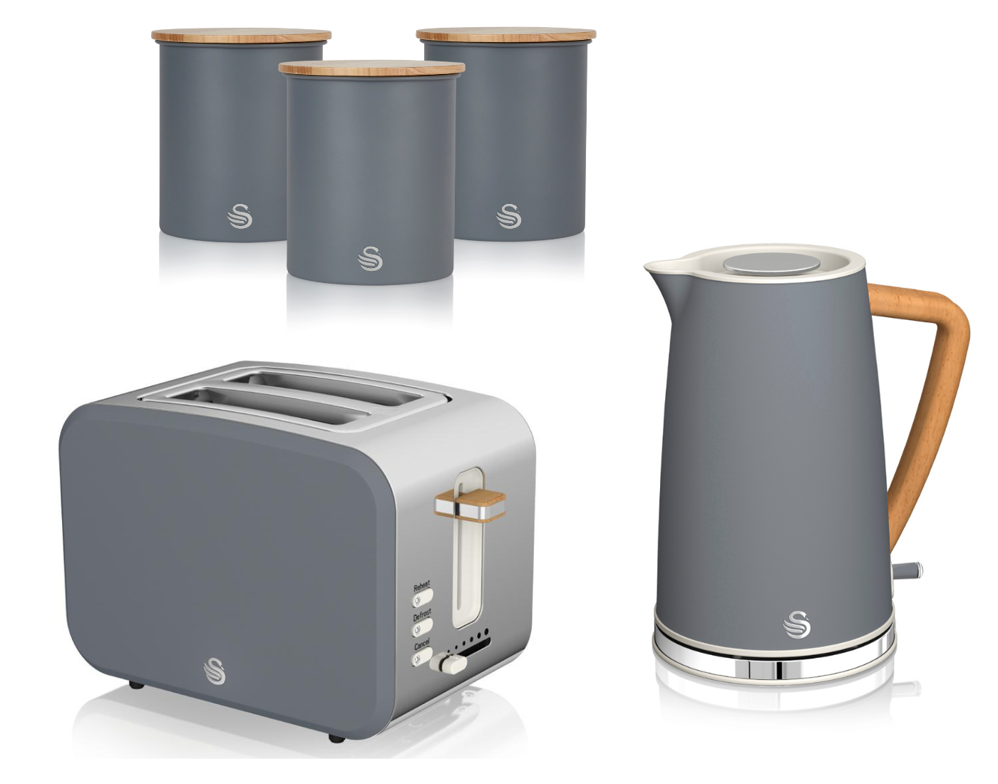 Swan Nordic Grey Kettle 2 Slice Toaster & Set of 3 Canisters Scandinav