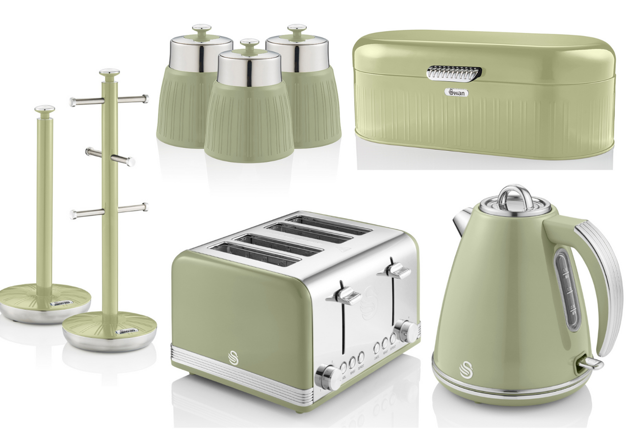 SWAN Retro Green Set of 8 Kettle Toaster Breadbin Canisters Mug Tree Towel Pole