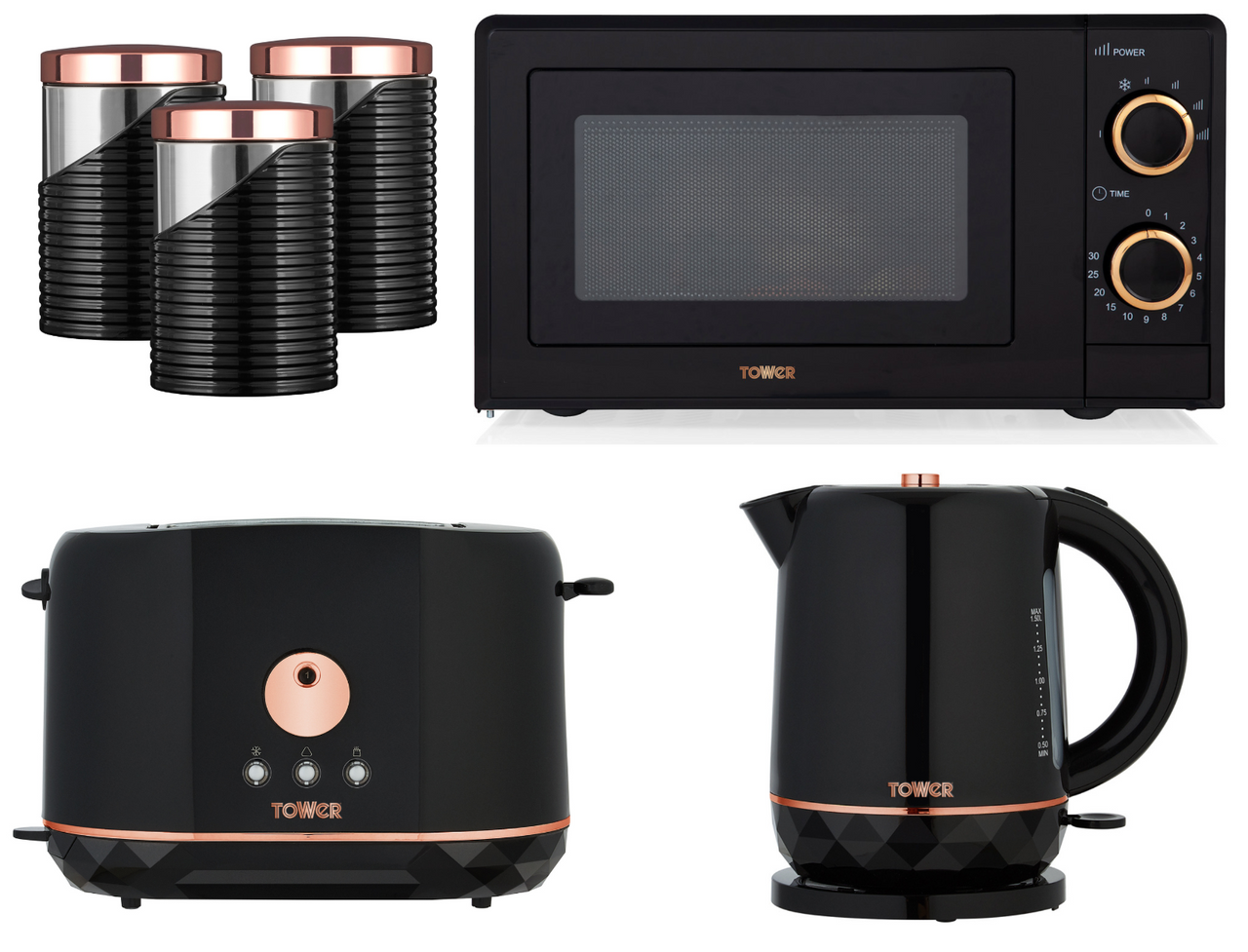 Tower Black & Rose Gold 1.5L Kettle, 2 Slice Toaster, 700w 20L Microwave & Tea, Coffee & Sugar Canisters. Matching Kitchen Set of 6