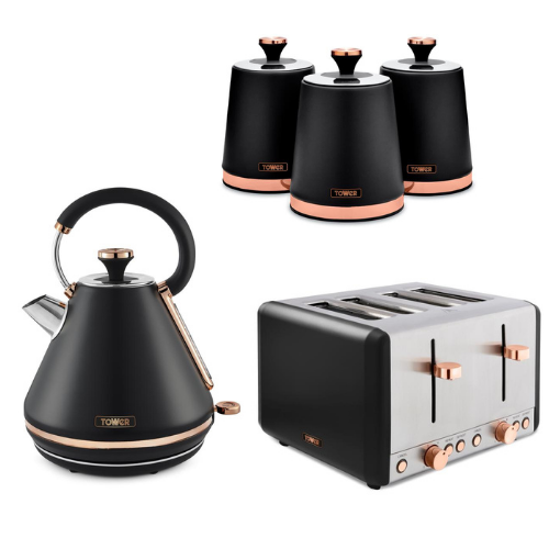 Tower Cavaletto Pyramid Kettle 4 Slice Toaster & Canisters Set Black & Rose Gold