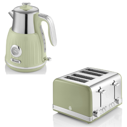 SWAN Retro Jug Temperature Gauge Kettle & 4 Slice Toaster in Green & Chrome