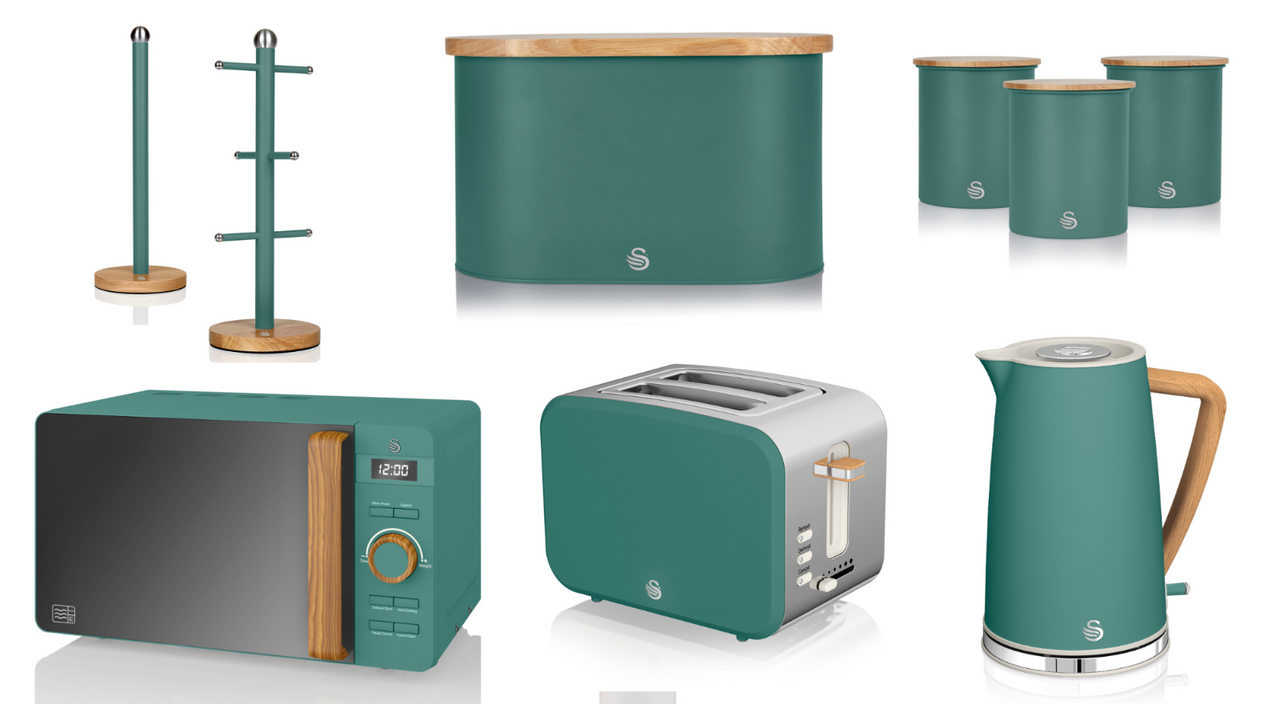 Swan Nordic Style Kitchen Set of 9 in Green including 1.7L Jug Kettle, 2 Slice Toaster, 800W 20L Digital Microwave, Bread Bin, Tea, Coffee, Sugar Canisters, 6 Cup Mug Tree & Towel Pole Matching Set