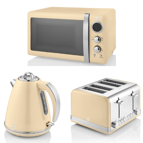 Swan Retro Jug Kettle, 4 Slice Toaster & Digital Microwave Cream