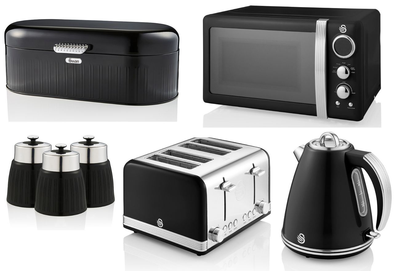 SWAN Retro Black Jug Kettle 4 Slice Toaster Microwave Breadbin Canisters 7 Set